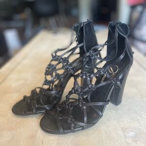 Black Delman Knotted Zip-Up Heels, Size US Women's 6